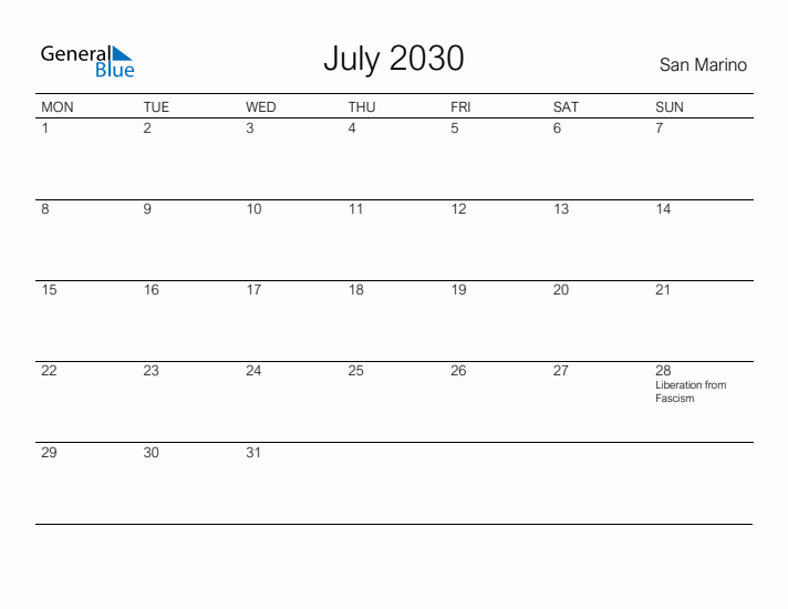 Printable July 2030 Calendar for San Marino