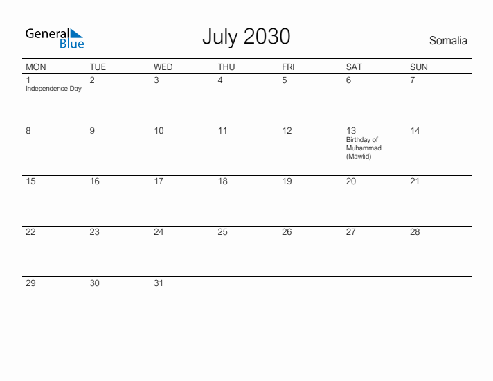 Printable July 2030 Calendar for Somalia