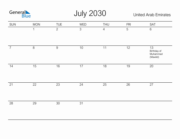 Printable July 2030 Calendar for United Arab Emirates