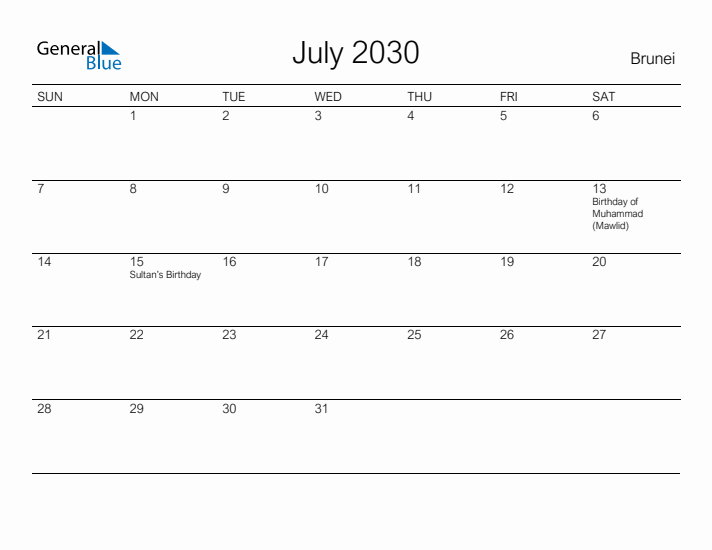 Printable July 2030 Calendar for Brunei