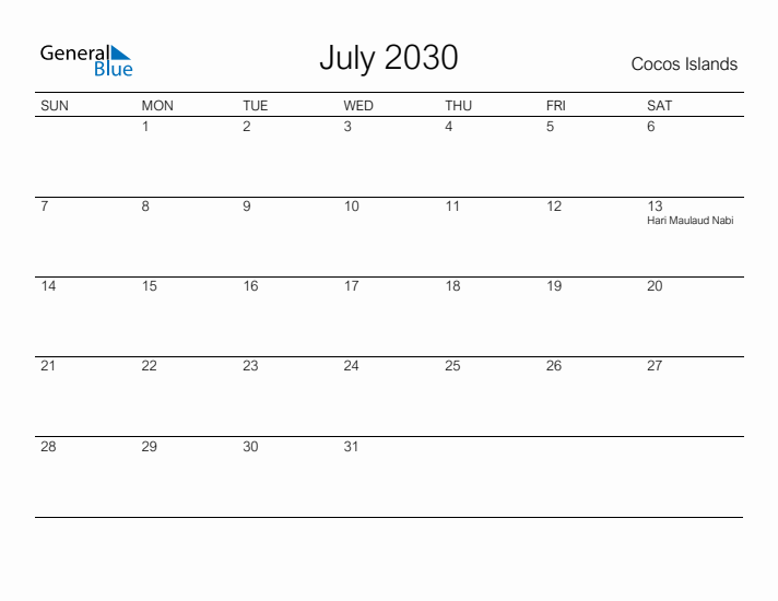 Printable July 2030 Calendar for Cocos Islands