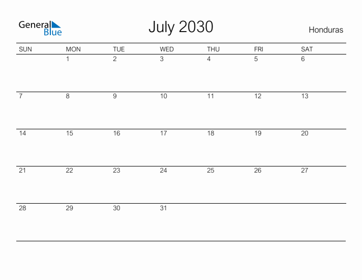 Printable July 2030 Calendar for Honduras