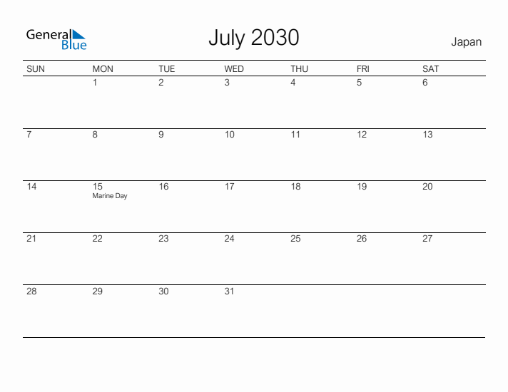 Printable July 2030 Calendar for Japan