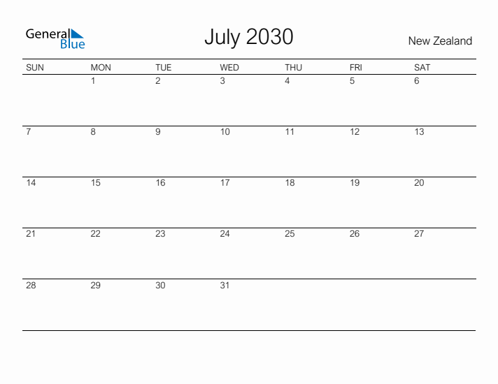 Printable July 2030 Calendar for New Zealand