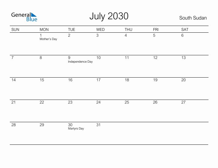 Printable July 2030 Calendar for South Sudan