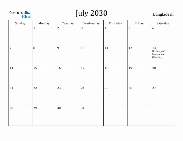 July 2030 Calendar Bangladesh