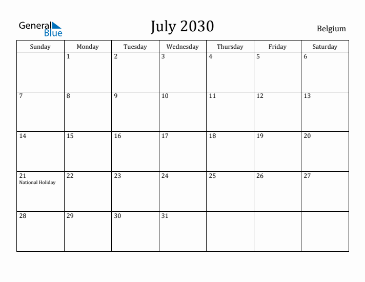 July 2030 Calendar Belgium