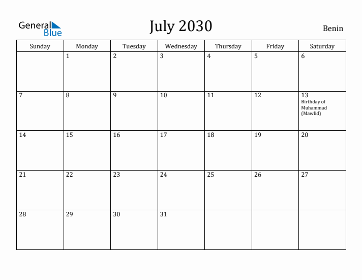 July 2030 Calendar Benin