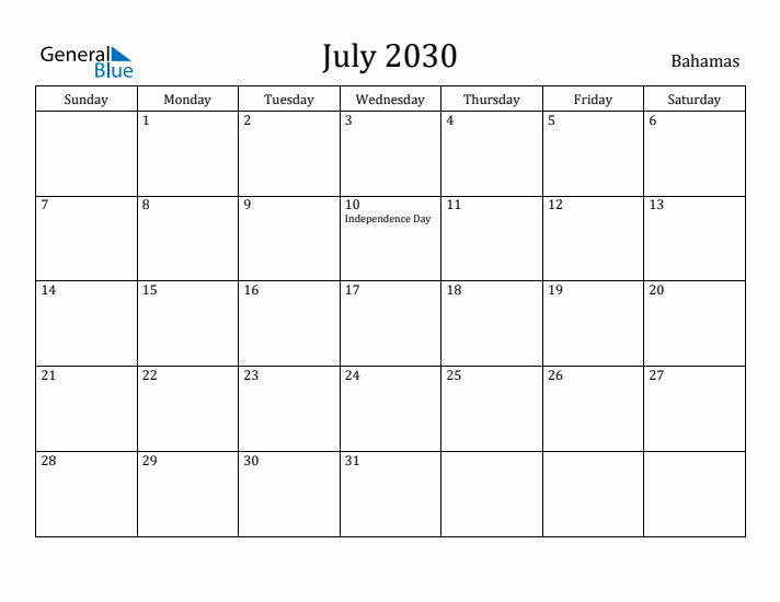 July 2030 Calendar Bahamas