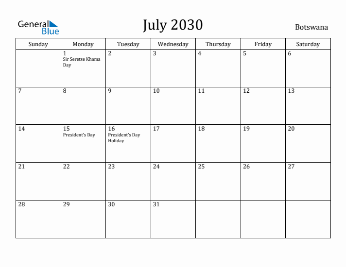 July 2030 Calendar Botswana