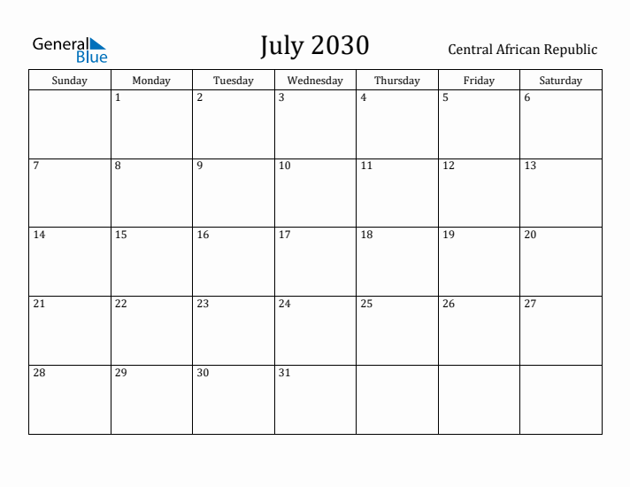 July 2030 Calendar Central African Republic