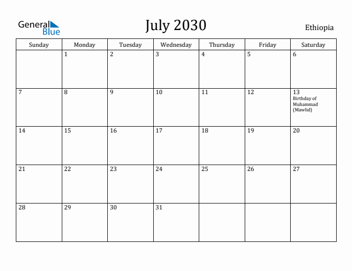 July 2030 Calendar Ethiopia