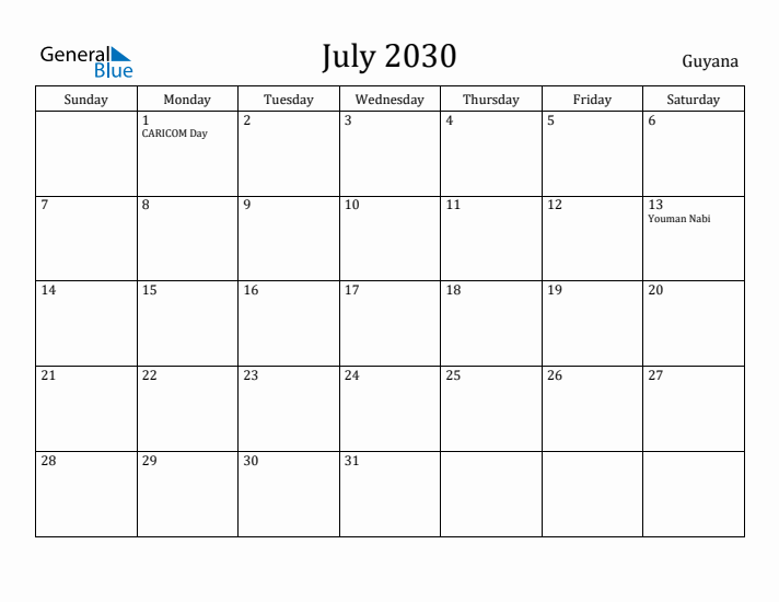 July 2030 Calendar Guyana