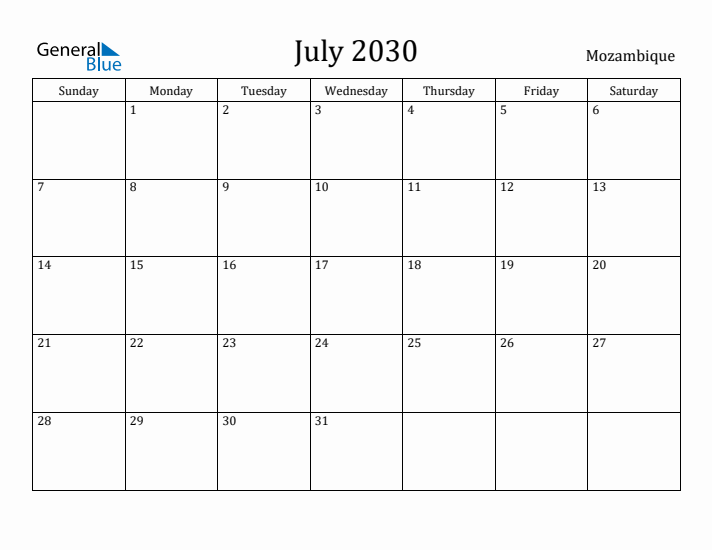 July 2030 Calendar Mozambique