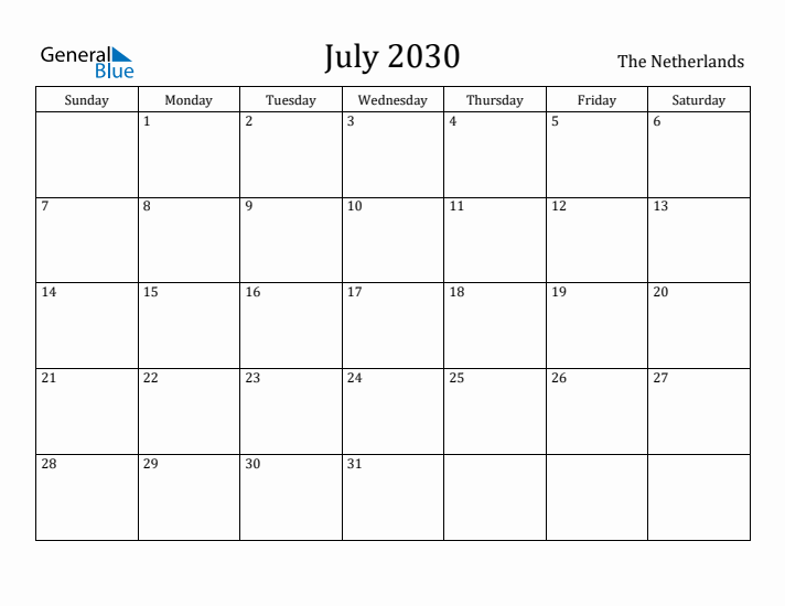 July 2030 Calendar The Netherlands