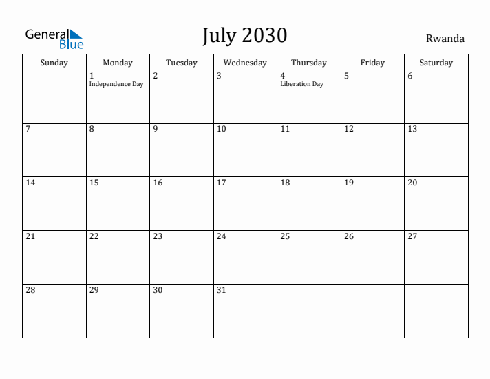 July 2030 Calendar Rwanda