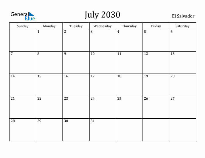 July 2030 Calendar El Salvador