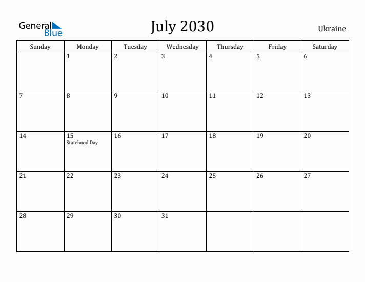 July 2030 Calendar Ukraine