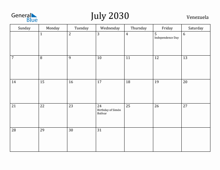 July 2030 Calendar Venezuela