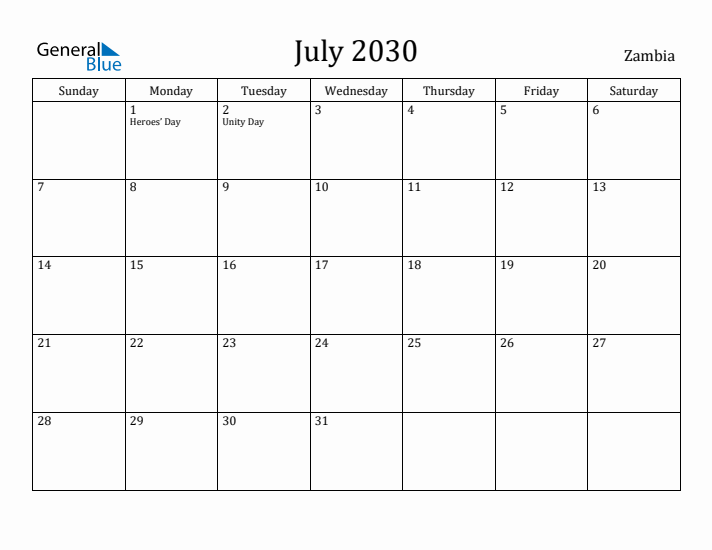 July 2030 Calendar Zambia