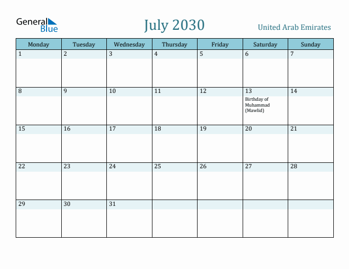 July 2030 Calendar with Holidays