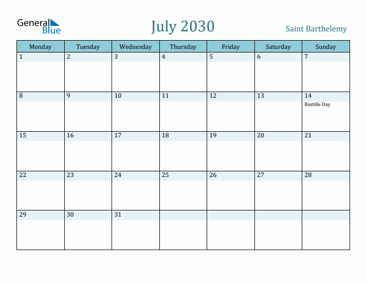 July 2030 Calendar with Holidays