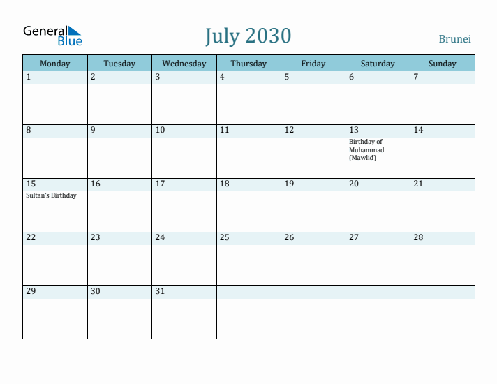 July 2030 Calendar with Holidays