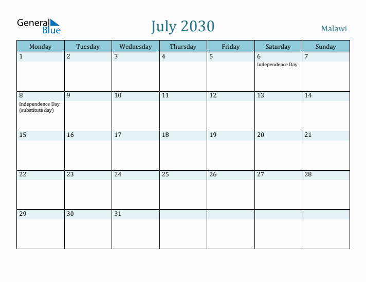 July 2030 Calendar with Holidays