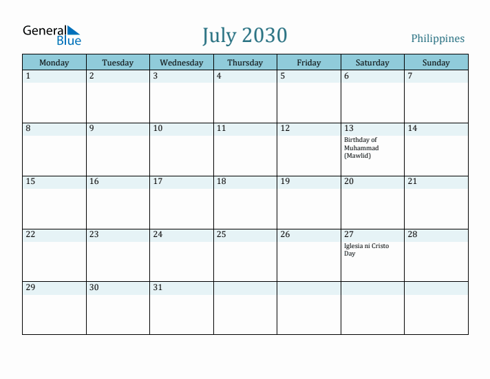 July 2030 Calendar with Holidays