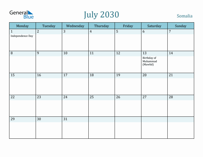 July 2030 Calendar with Holidays