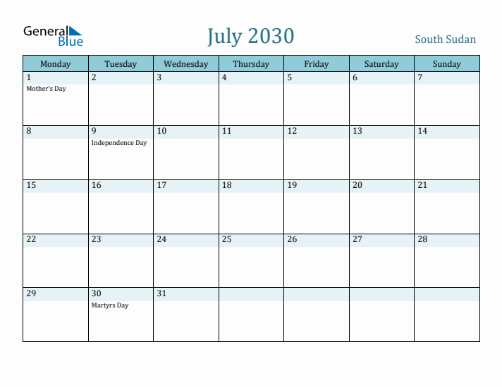 July 2030 Calendar with Holidays