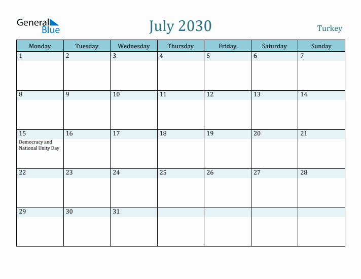 July 2030 Calendar with Holidays