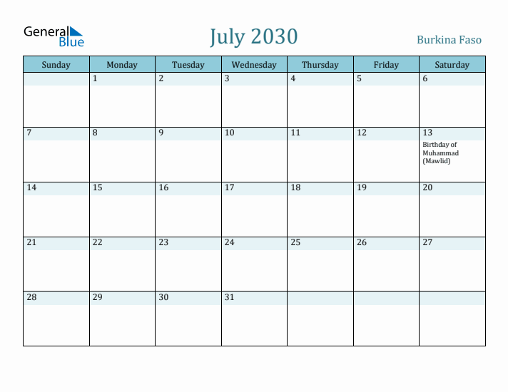 July 2030 Calendar with Holidays