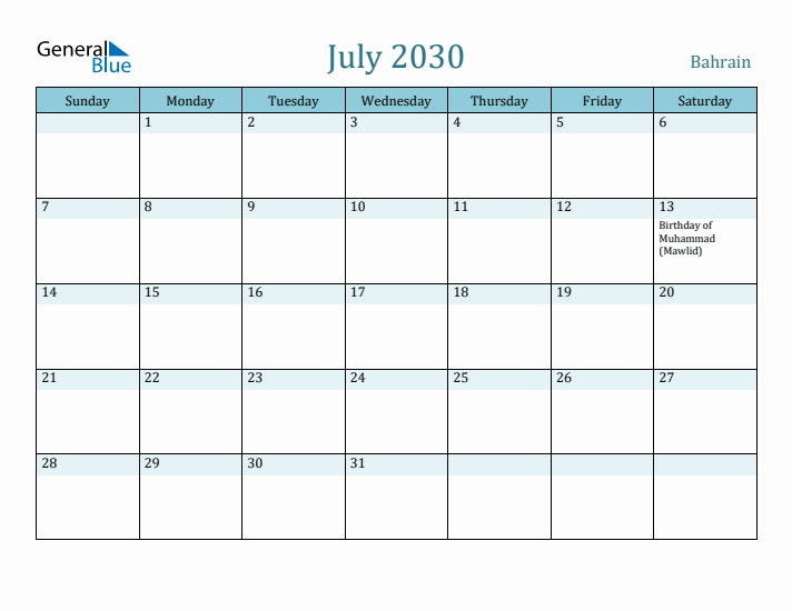 July 2030 Calendar with Holidays