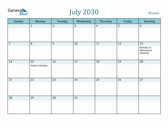 July 2030 Calendar with Holidays