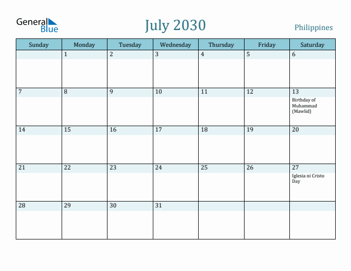 July 2030 Calendar with Holidays