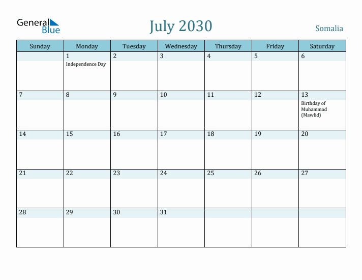 July 2030 Calendar with Holidays