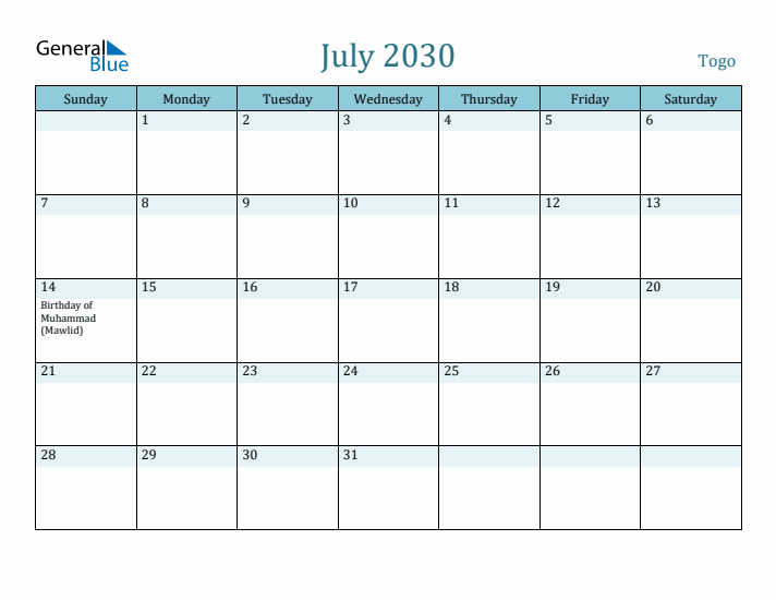 July 2030 Calendar with Holidays