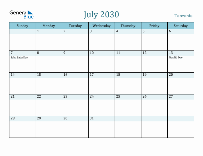 July 2030 Calendar with Holidays