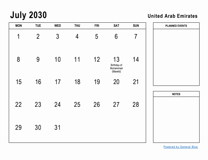 July 2030 Printable Monthly Calendar with United Arab Emirates Holidays