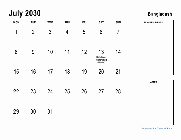 July 2030 Printable Monthly Calendar with Bangladesh Holidays