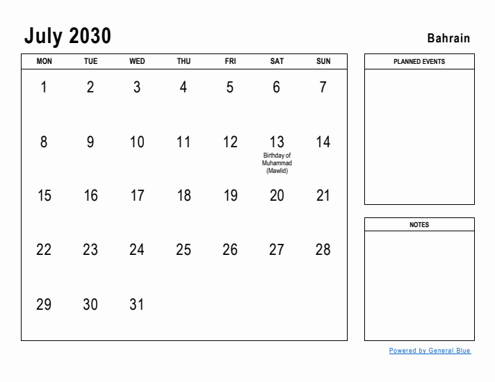 July 2030 Printable Monthly Calendar with Bahrain Holidays