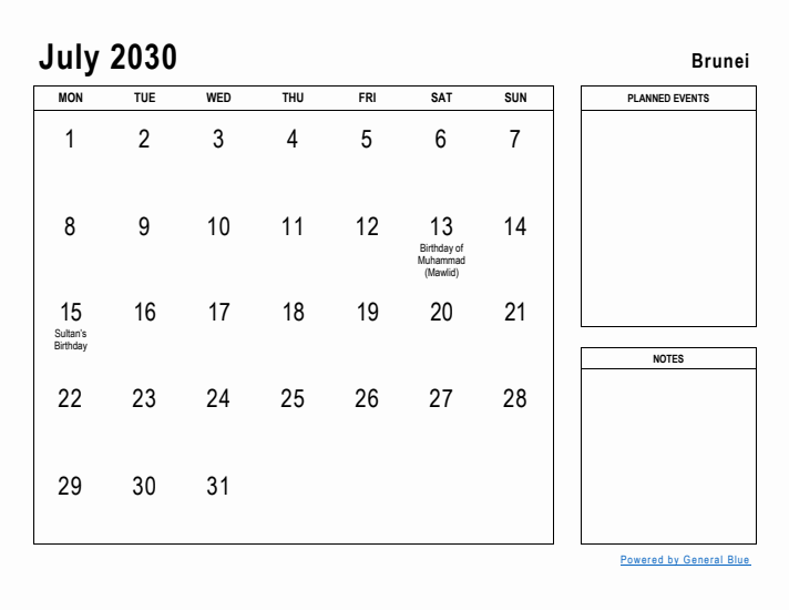 July 2030 Printable Monthly Calendar with Brunei Holidays