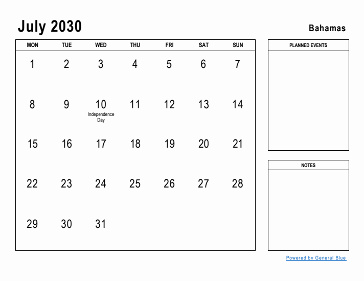 July 2030 Printable Monthly Calendar with Bahamas Holidays