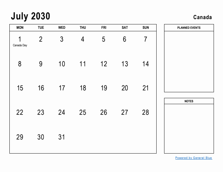 July 2030 Printable Monthly Calendar with Canada Holidays