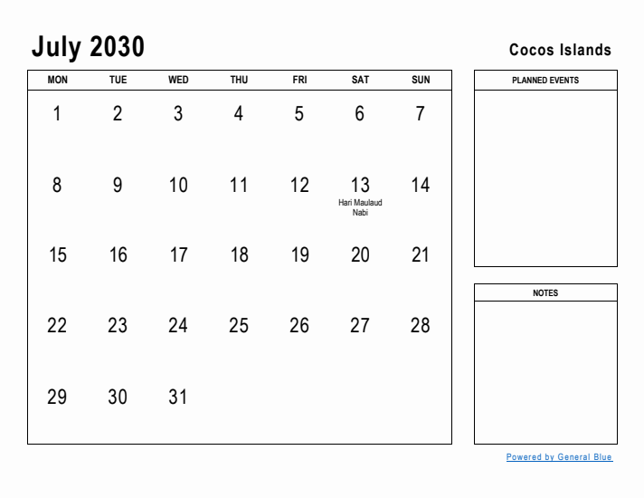 July 2030 Printable Monthly Calendar with Cocos Islands Holidays