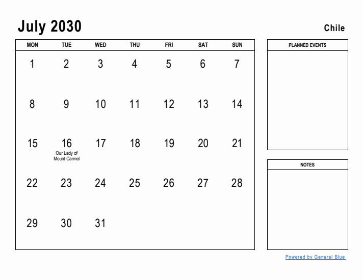 July 2030 Printable Monthly Calendar with Chile Holidays