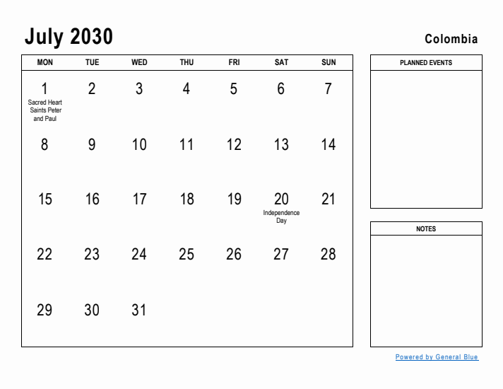 July 2030 Printable Monthly Calendar with Colombia Holidays