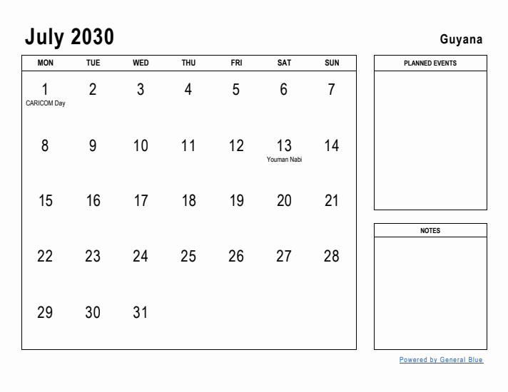 July 2030 Printable Monthly Calendar with Guyana Holidays