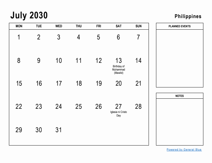 July 2030 Printable Monthly Calendar with Philippines Holidays